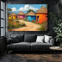 Black Artwork of colorful African huts - black wall mockup