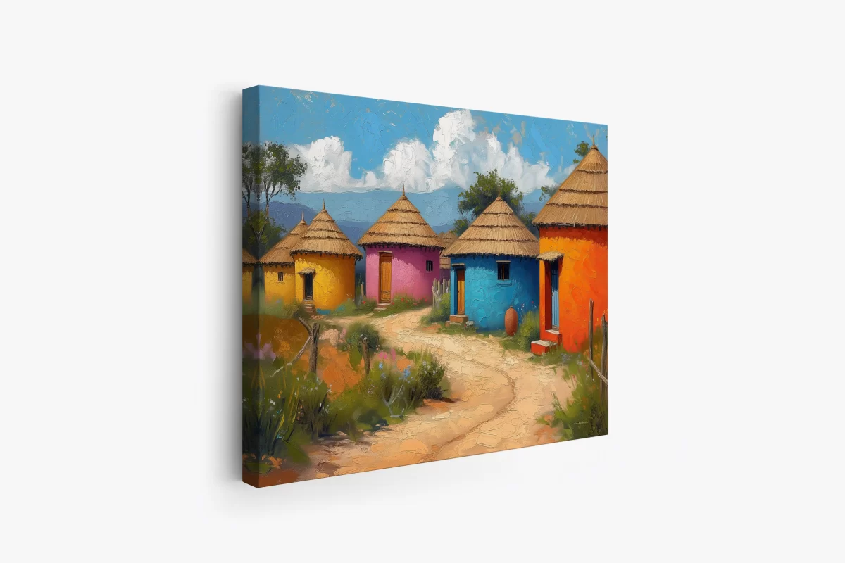 Black Artwork of colorful African huts - mockup2