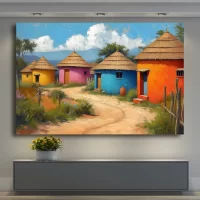 Black Artwork of colorful African huts - tan wall mockup