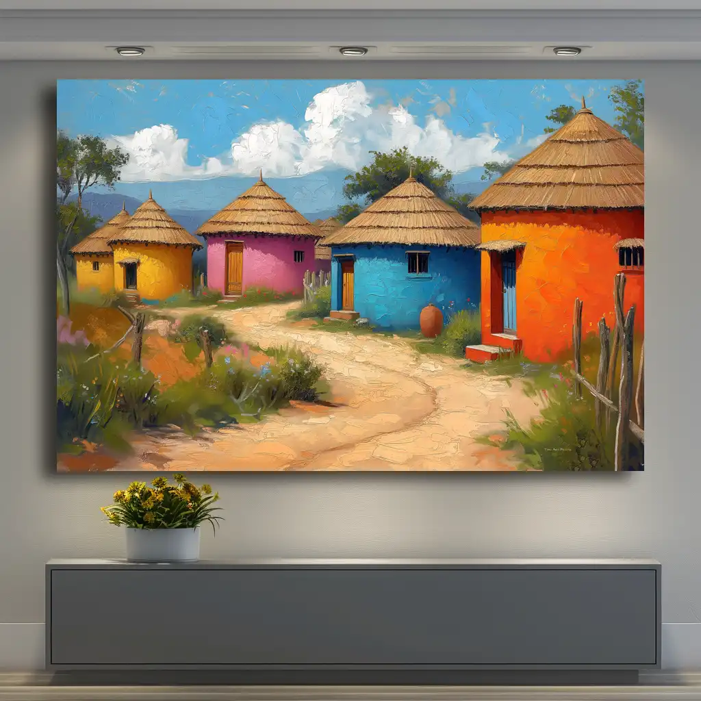 Black Artwork of colorful African huts - tan wall mockup