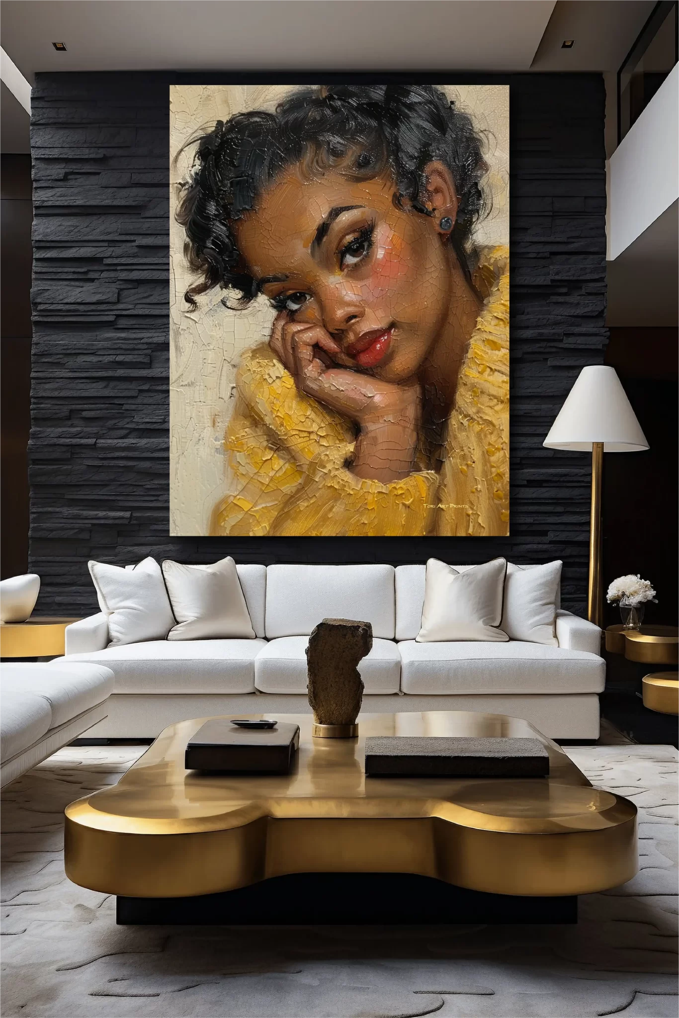 Black Artwork of woman in yellow sweater - dark gray wall mockup