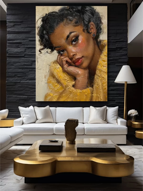 Black Artwork of woman in yellow sweater - dark gray wall mockup