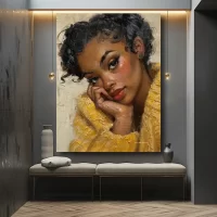 Black Artwork of woman in yellow sweater - silver wall mockup