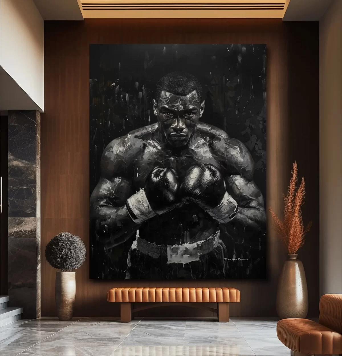 Afrocentric art print of black boxer with a look of determination - brown wall mockup