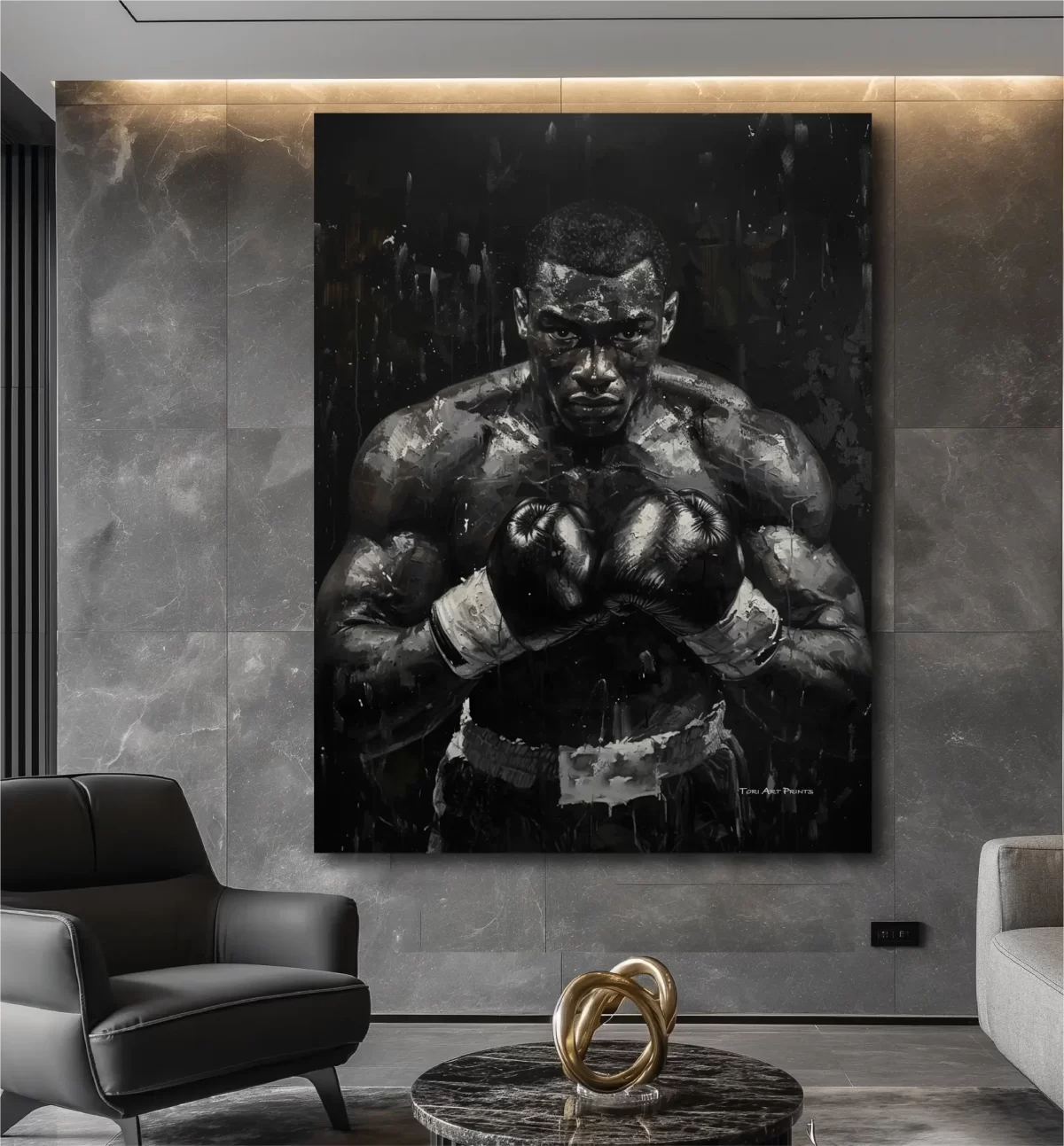 Black artwork of black boxer with a look of determination - gray wall mockup