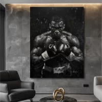 Black artwork of black boxer with a look of determination - gray wall mockup