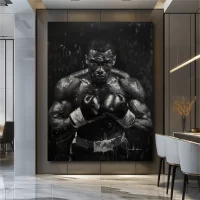 Black artwork of black boxer with a look of determination - slate wall mockup