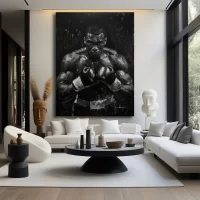 Black artwork of black boxer with a look of determination - white wall mockup