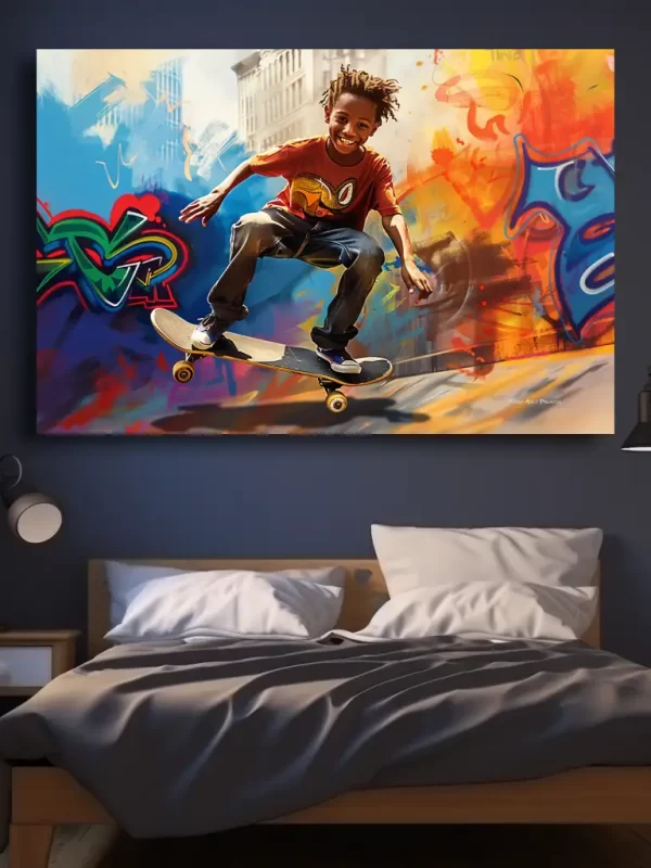 Black artwork of little black boy on skateboard - bedroom mockup