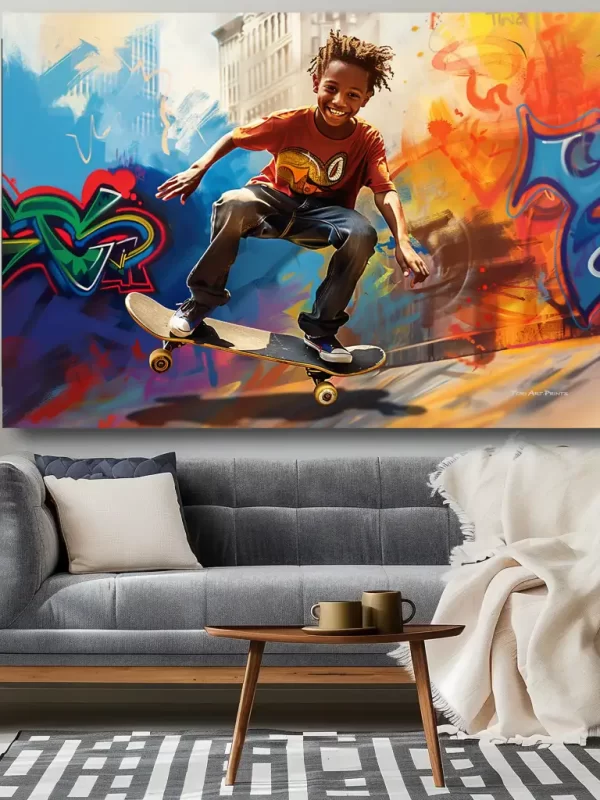 Black artwork of little black boy on skateboard - gray sofa mockup