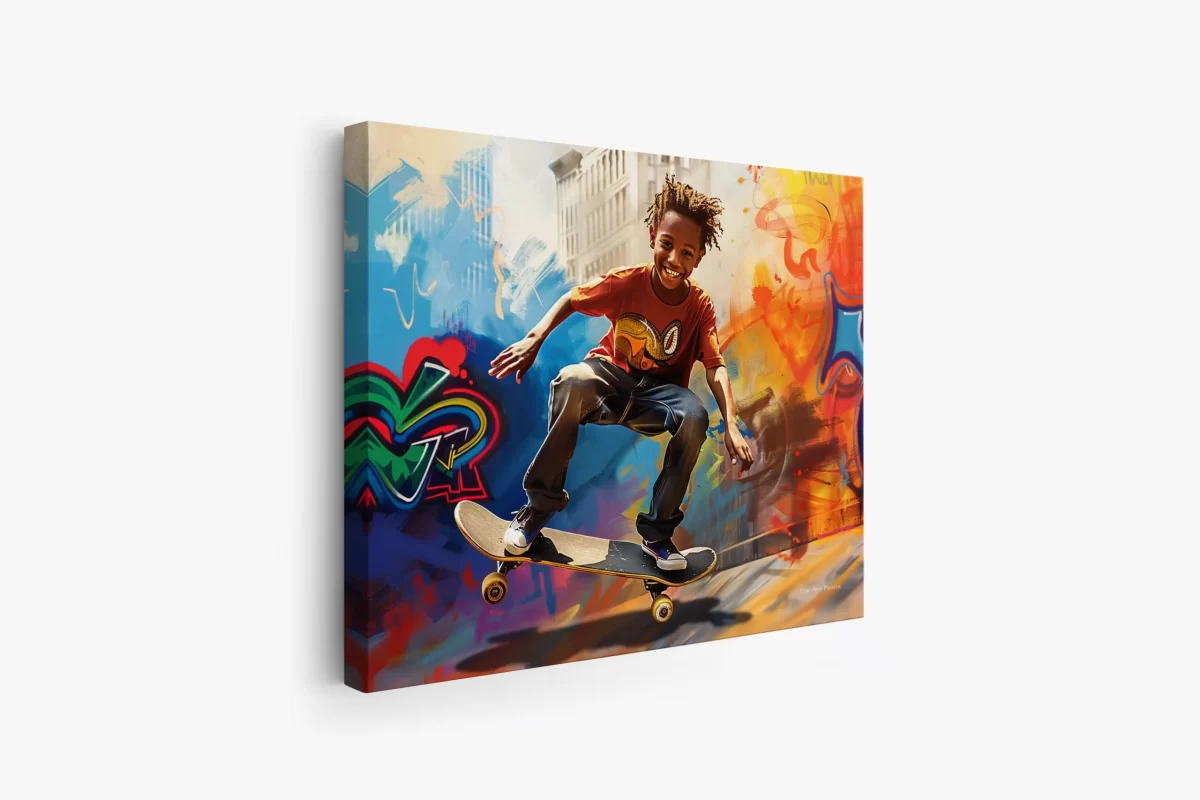 Black artwork of little black boy on skateboard - mockup 2