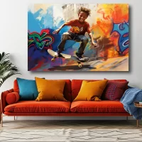 Black artwork of little black boy on skateboard - orange sofa mockup