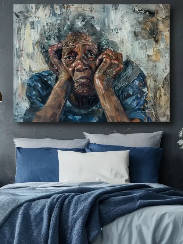 Black Artwork of sad homeless old woman - bedroom mockup