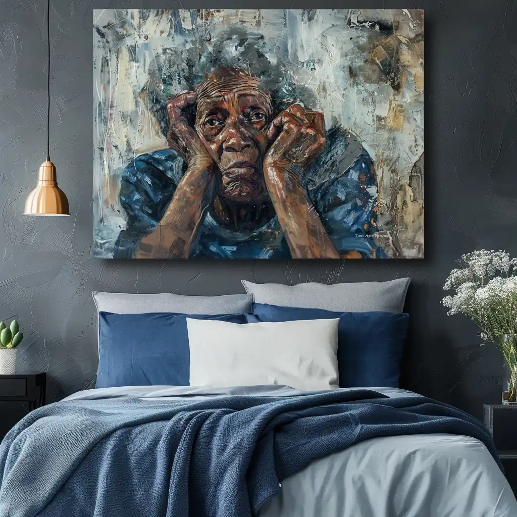 Black Artwork of sad homeless old woman - bedroom mockup