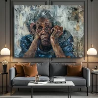 Black Artwork of sad homeless old woman - gray wall mockup