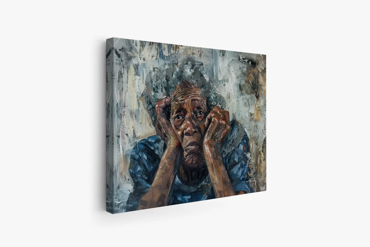 Black Artwork of sad homeless old woman - mockup2