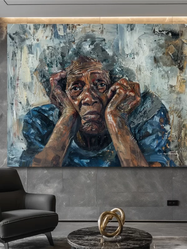 Black Artwork of sad homeless old woman - slate wall mockup