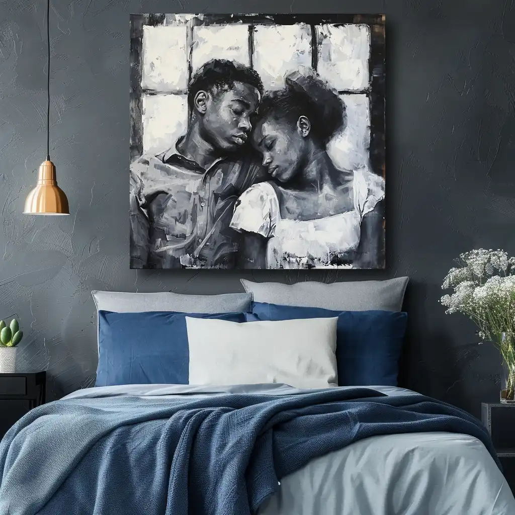 Black Artwork of a young couple asleep sitting up - bedroom mockup