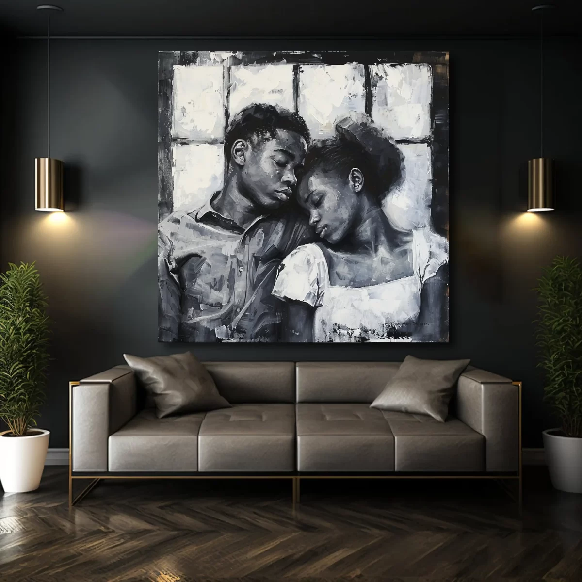 Black Artwork of a young couple asleep sitting up - dark gray wall mockup