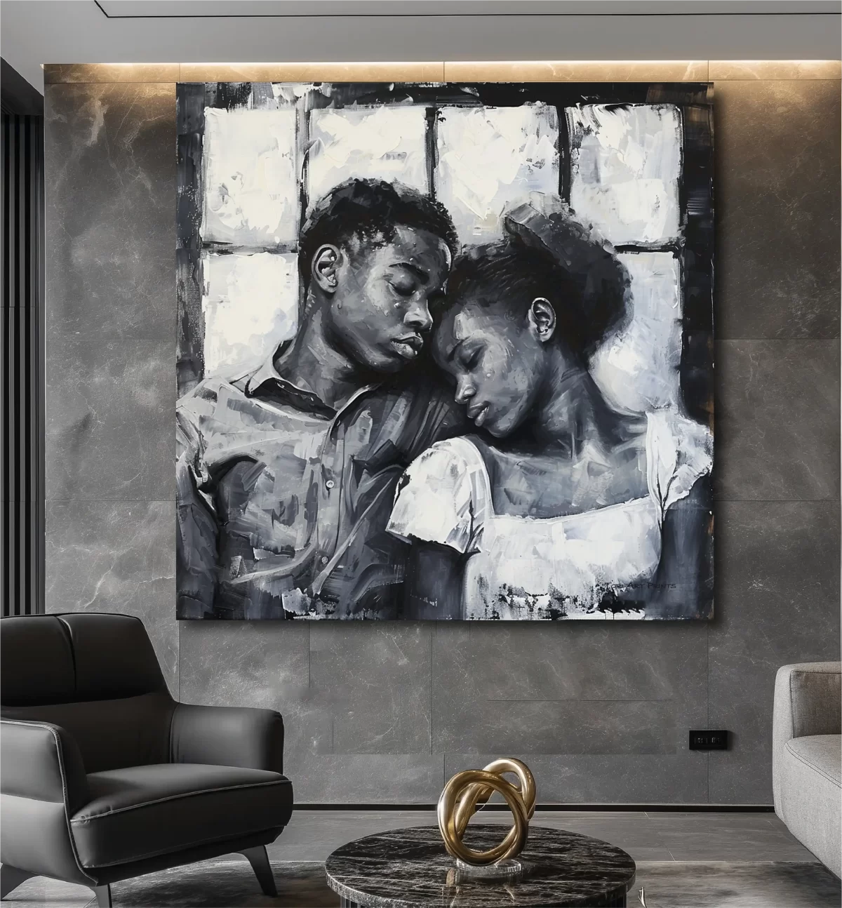 Black Artwork of a young couple asleep sitting up - gray wall mockup