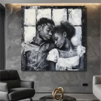 Black Artwork of a young couple asleep sitting up - gray wall mockup