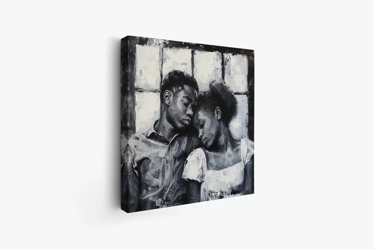 Black Artwork of a young couple asleep sitting up - mockup2