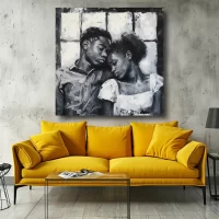 Black Artwork of a young couple asleep sitting up - yellow sofa mockup