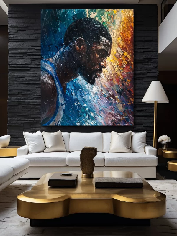 Black Artwork of basketball player surrounded by color - black wall mockup