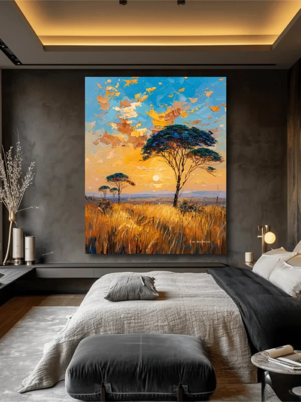 Black Artwork of Yellow Sky Savannah - dark gray wall mockup