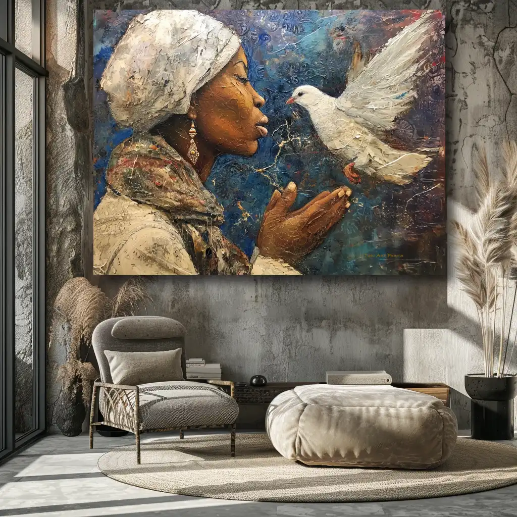 Black Artwork of a lady holding a dove - dark gray wall mockup