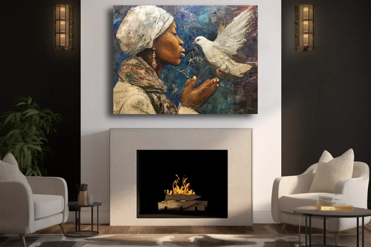 Black Artwork of a lady holding a dove - fireplace mockup