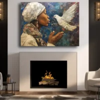 Black Artwork of a lady holding a dove - fireplace mockup