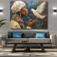 Black Artwork of a lady holding a dove - gray wall mockup