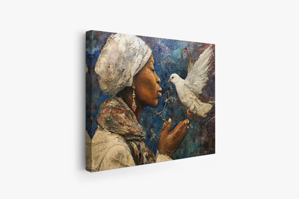 Black Artwork of a lady holding a dove - mockup 2