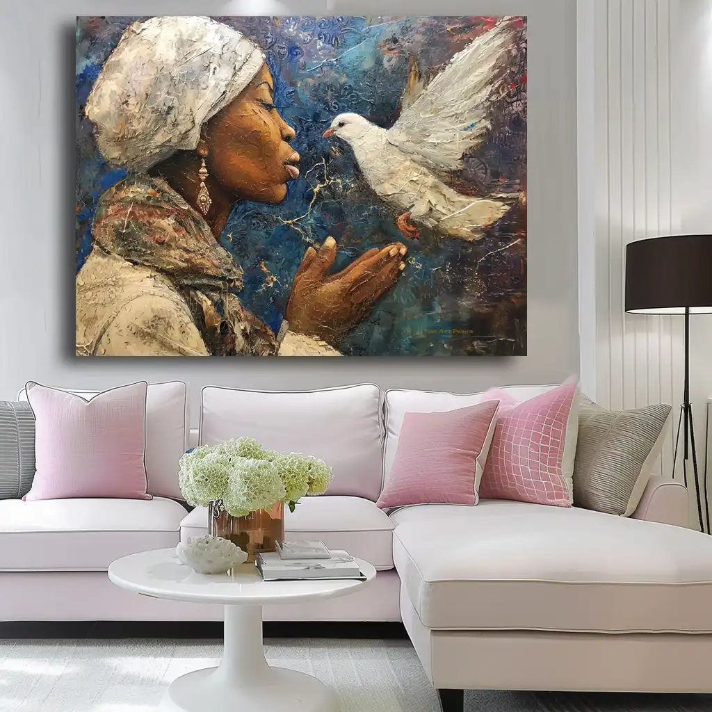 Black Artwork of a lady holding a dove - white wall mockup